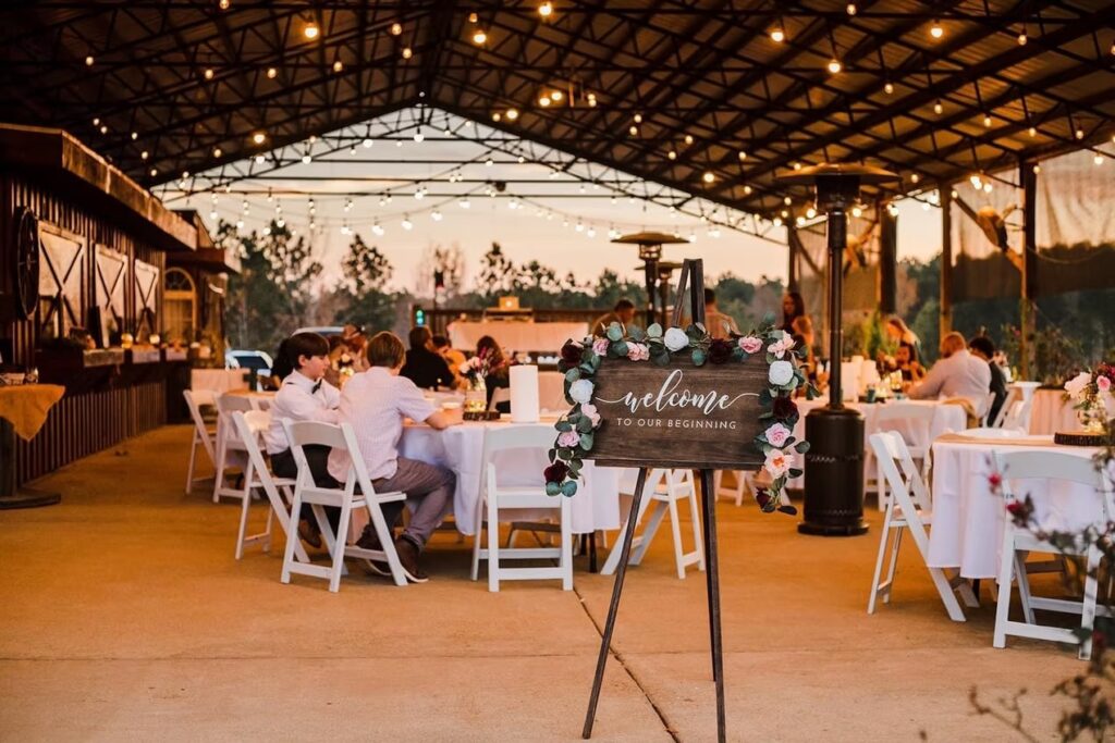 Foxfire Ranch, Waterford, MS — the pavilion set for an evening celebration